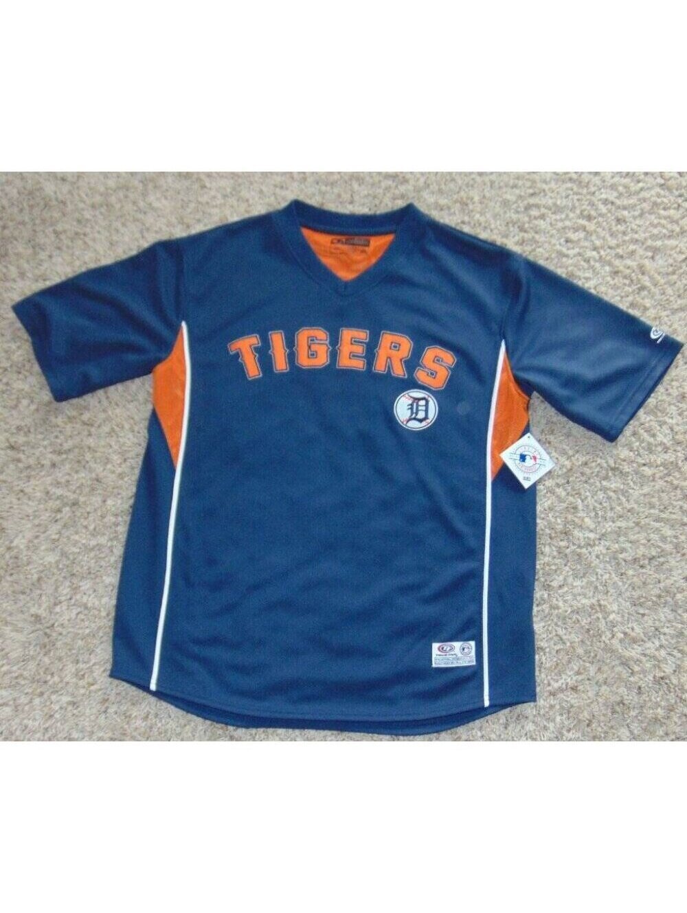 MLB Detroit Tigers Baseball Jersey L Mens Blue Orange Short Sleeve V-Neck Shirt